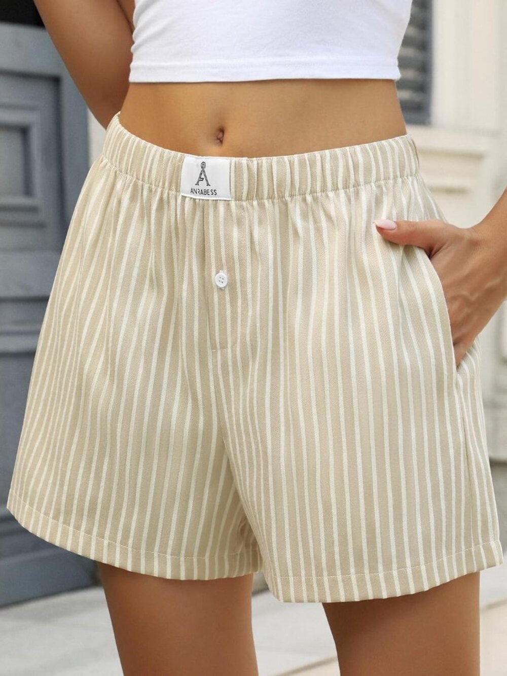 Women's Apricot White Wide Stripe Shorts for Gingham  Summer Lounge Sleep Short - Picture 3 of 6
